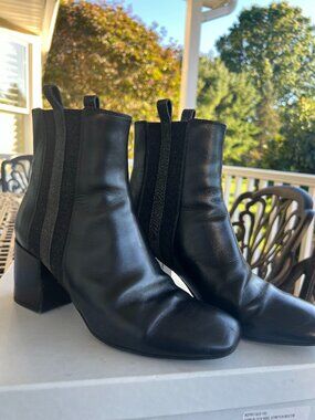 Brunello Cucinelli Black Leather Monili Stretch Ankle Boots 39 / US 9